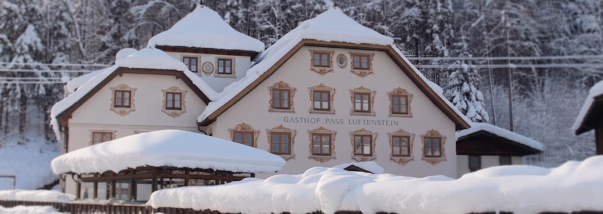 Das S' Mauthäusl Luftenstein im Winter, tief verschneit am Waldrand