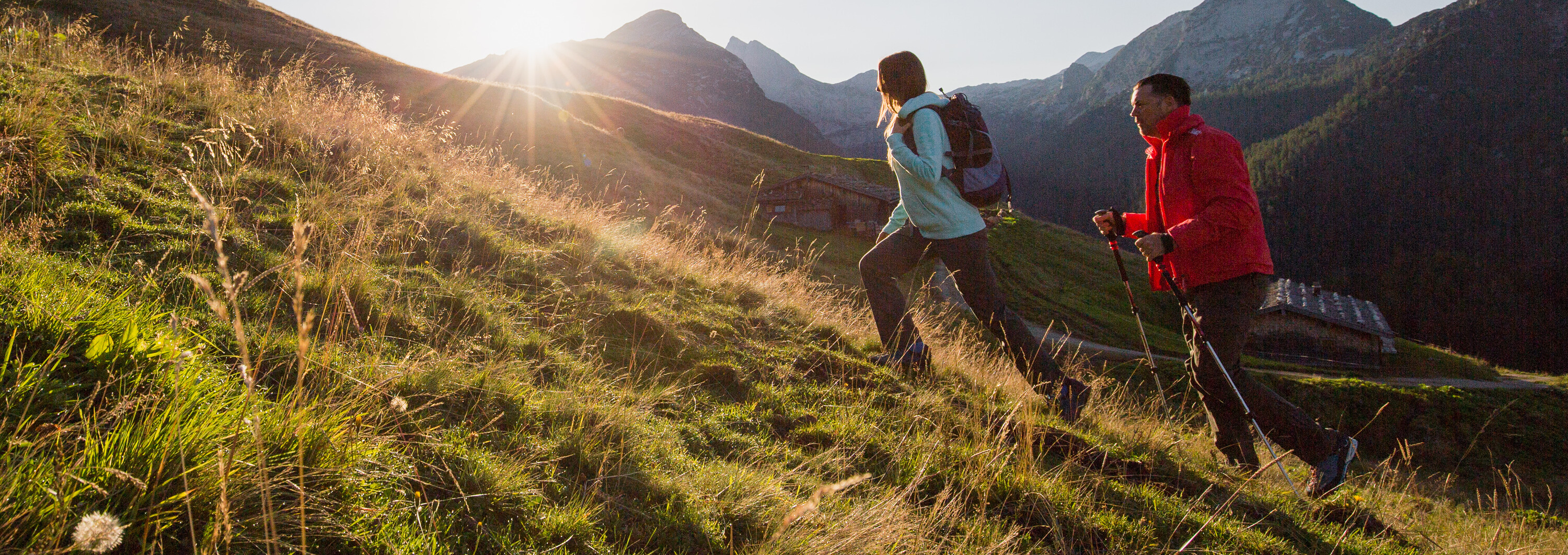 Zwei Wanderer gehen bei Sonnenschein eine alpine Bergwiese im Saalachtal bei Lofer bergauf.