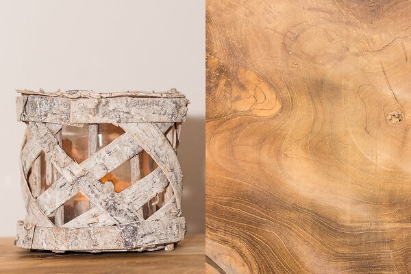 Rustikales Windlicht aus Birkenrinde und Nahaufnahme von geschwungenem Holz im S' Mauthäusl Luftenstein.
